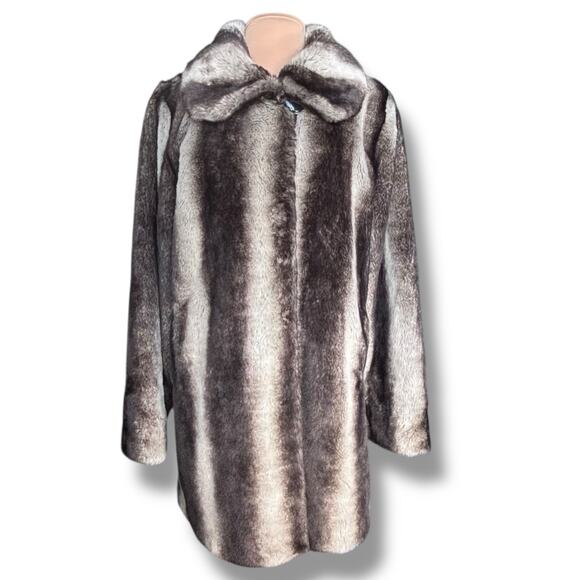 Vintage Y2K Dennis Basso Faux Fur Coat Brown Gray Striped Medium Warm Glamorous - Picture 2 of 16